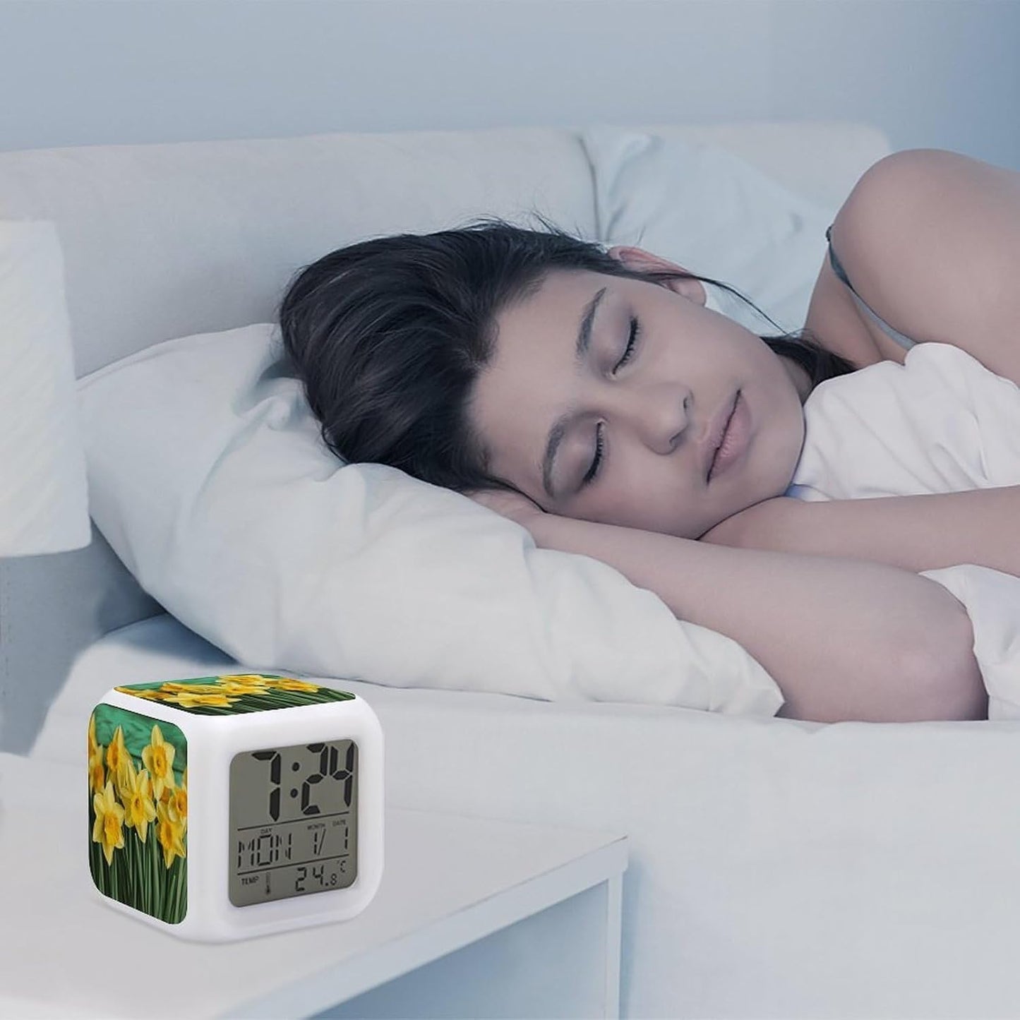 Cube Alarm Clock Creative 7 Colour LED Digital Clock with Temperature | Yellow Daffodils Flowers Bedside Electronic Clock Battery Operated Mute Luminous Alarm Clock Adjustable Light