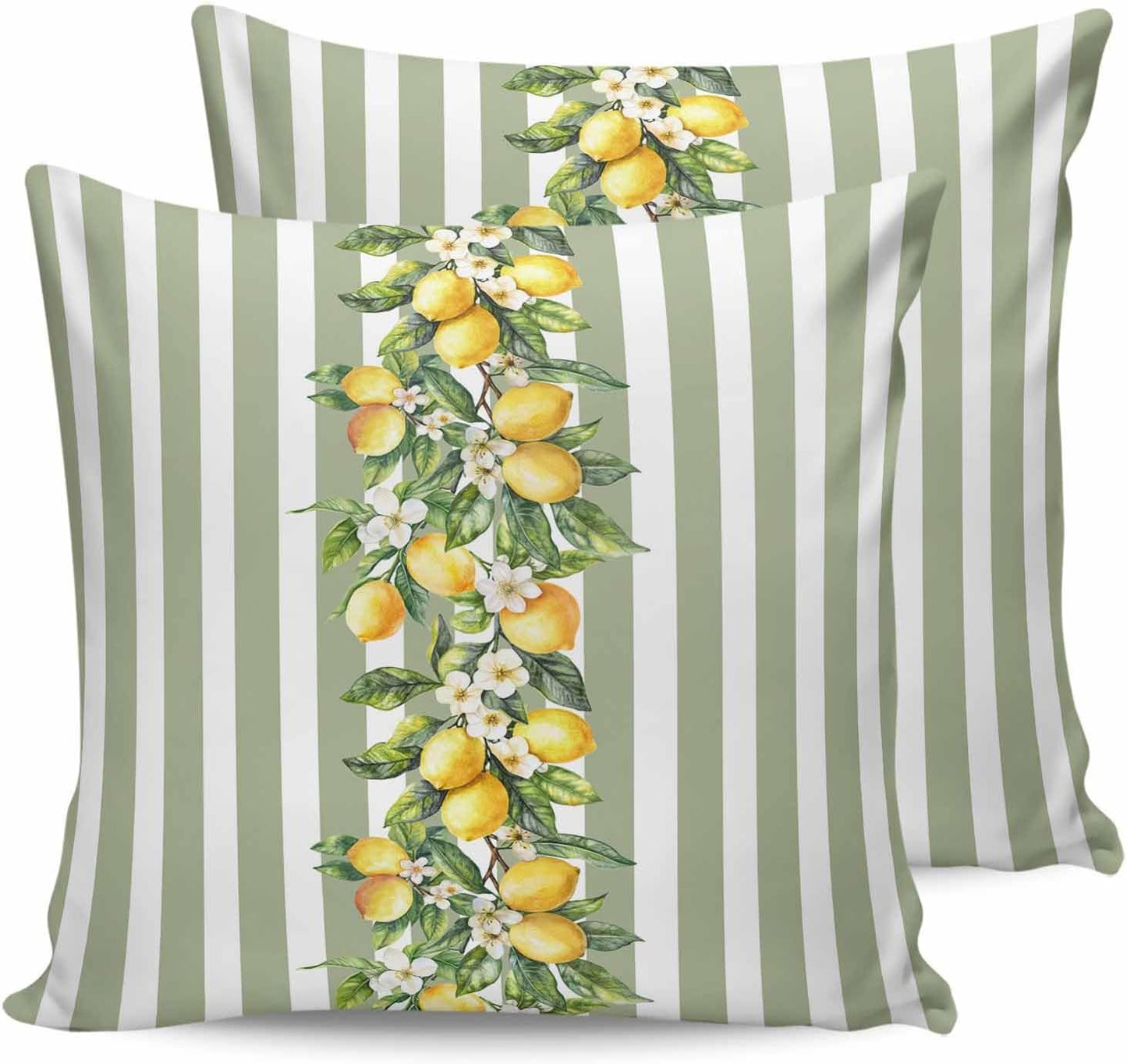 Retro Yellow Lemon 2PCS Throw Pillow Covers for Couch Sofa Bed, Sage Green Stripe Pillow Covers 16x16 inch, Standard Pillowcases Set Decorative Cushion Covers for Living Room Bedroom