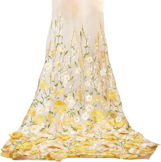 1.88 Yards Yellow 3D Flower Lace Fabric Floral Embroidered Mesh Fabric By the Yard Vintage Sheer Polyester Tulle Gauze Embroidery Cloth for Sewing Making Crafts Clothes Dress Wedding Costume