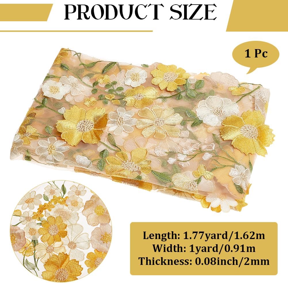 1.88 Yards Yellow 3D Flower Lace Fabric Floral Embroidered Mesh Fabric By the Yard Vintage Sheer Polyester Tulle Gauze Embroidery Cloth for Sewing Making Crafts Clothes Dress Wedding Costume