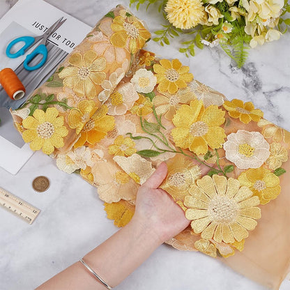 1.88 Yards Yellow 3D Flower Lace Fabric Floral Embroidered Mesh Fabric By the Yard Vintage Sheer Polyester Tulle Gauze Embroidery Cloth for Sewing Making Crafts Clothes Dress Wedding Costume