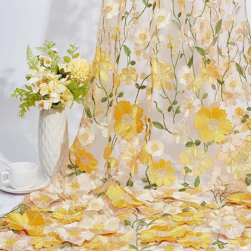 1.88 Yards Yellow 3D Flower Lace Fabric Floral Embroidered Mesh Fabric By the Yard Vintage Sheer Polyester Tulle Gauze Embroidery Cloth for Sewing Making Crafts Clothes Dress Wedding Costume