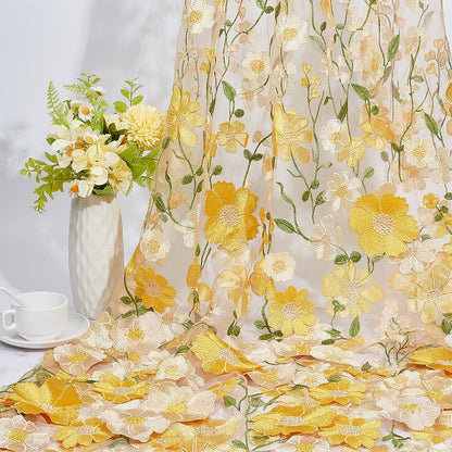 1.88 Yards Yellow 3D Flower Lace Fabric Floral Embroidered Mesh Fabric By the Yard Vintage Sheer Polyester Tulle Gauze Embroidery Cloth for Sewing Making Crafts Clothes Dress Wedding Costume