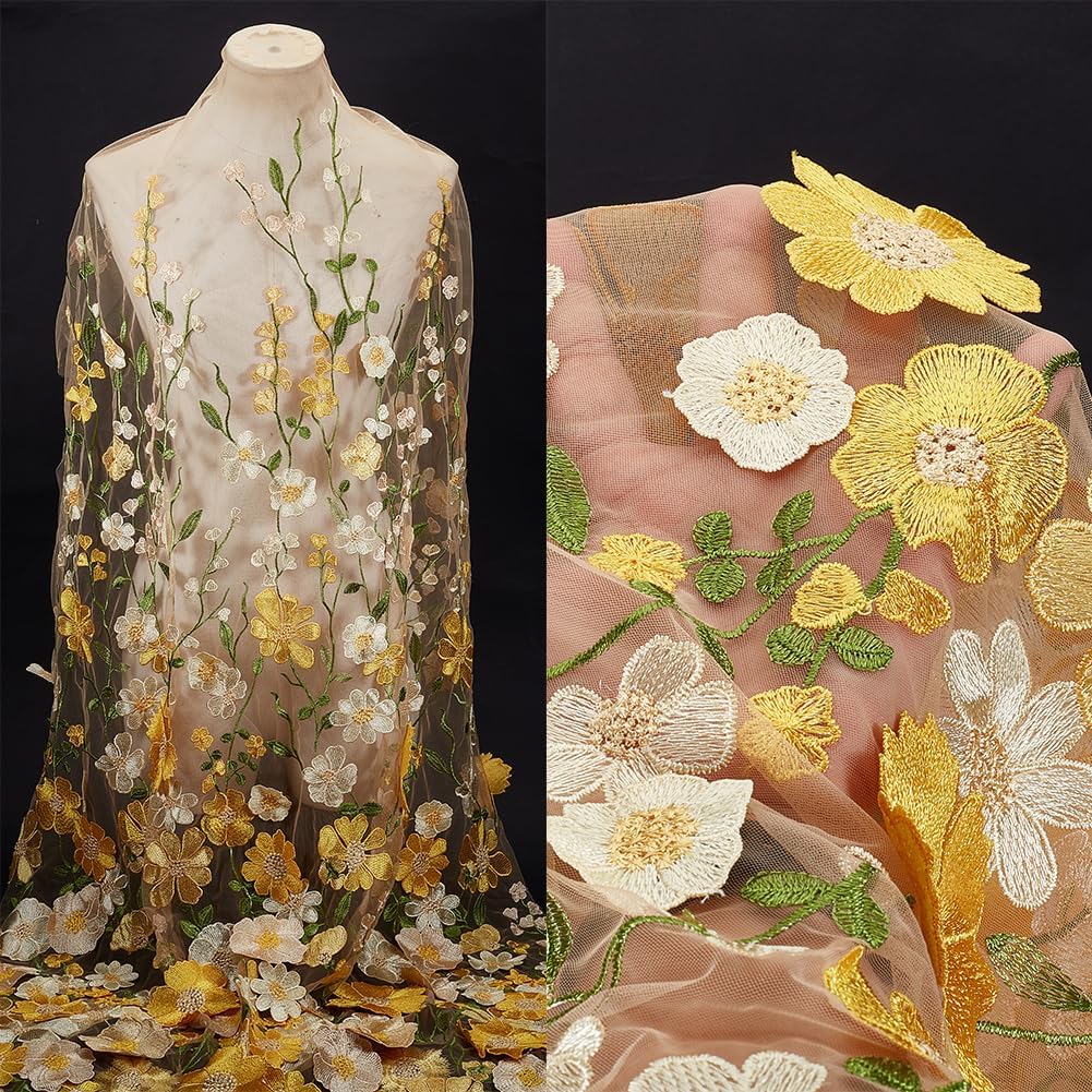 1.88 Yards Yellow 3D Flower Lace Fabric Floral Embroidered Mesh Fabric By the Yard Vintage Sheer Polyester Tulle Gauze Embroidery Cloth for Sewing Making Crafts Clothes Dress Wedding Costume