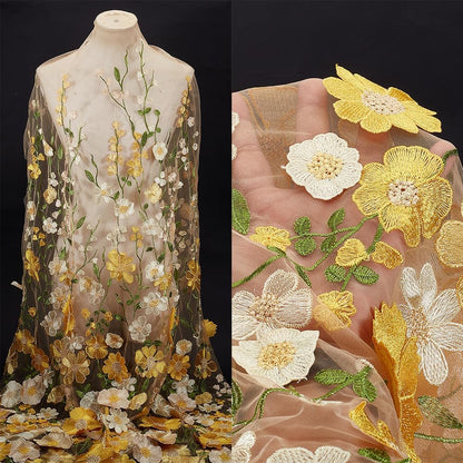 1.88 Yards Yellow 3D Flower Lace Fabric Floral Embroidered Mesh Fabric By the Yard Vintage Sheer Polyester Tulle Gauze Embroidery Cloth for Sewing Making Crafts Clothes Dress Wedding Costume