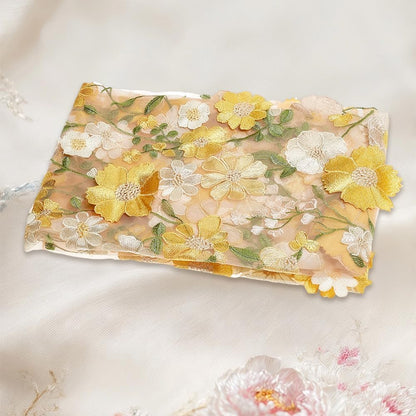 1.88 Yards Yellow 3D Flower Lace Fabric Floral Embroidered Mesh Fabric By the Yard Vintage Sheer Polyester Tulle Gauze Embroidery Cloth for Sewing Making Crafts Clothes Dress Wedding Costume