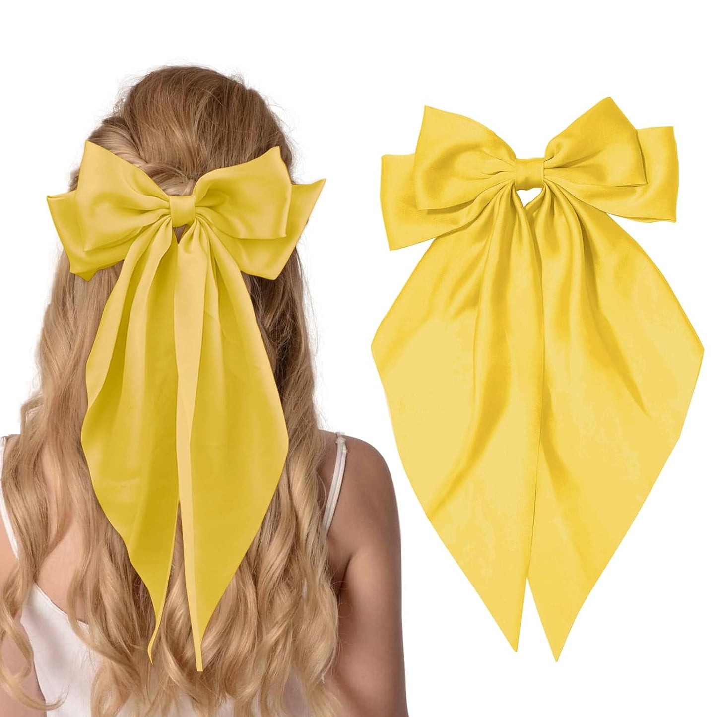 Big Hair Bows for Women Yellow Bows for Girls Hair Long Silk Satin Bows Yellow Accessories with Long Ribbon Tail Big French