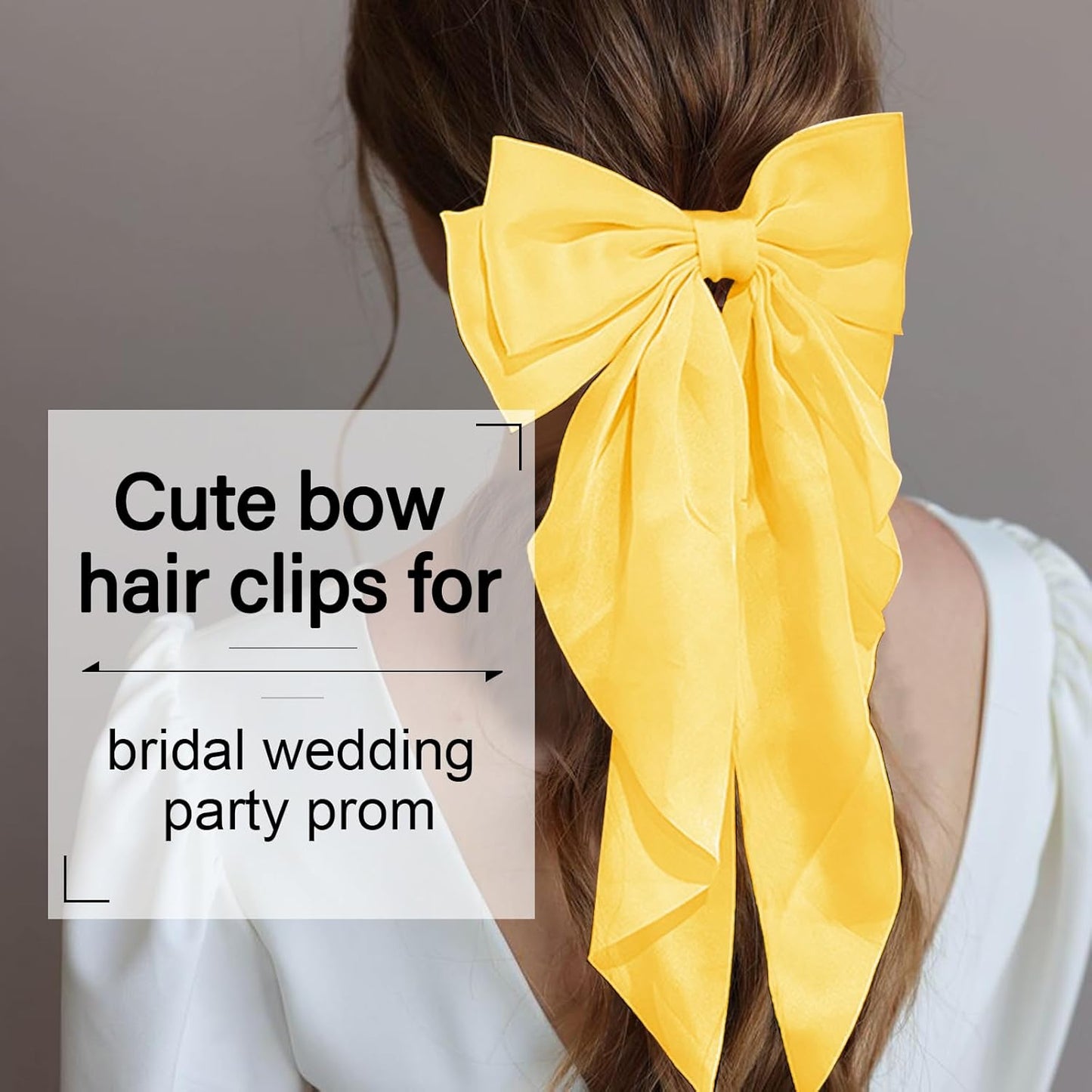 Big Hair Bows for Women Yellow Bows for Girls Hair Long Silk Satin Bows Yellow Accessories with Long Ribbon Tail Big French