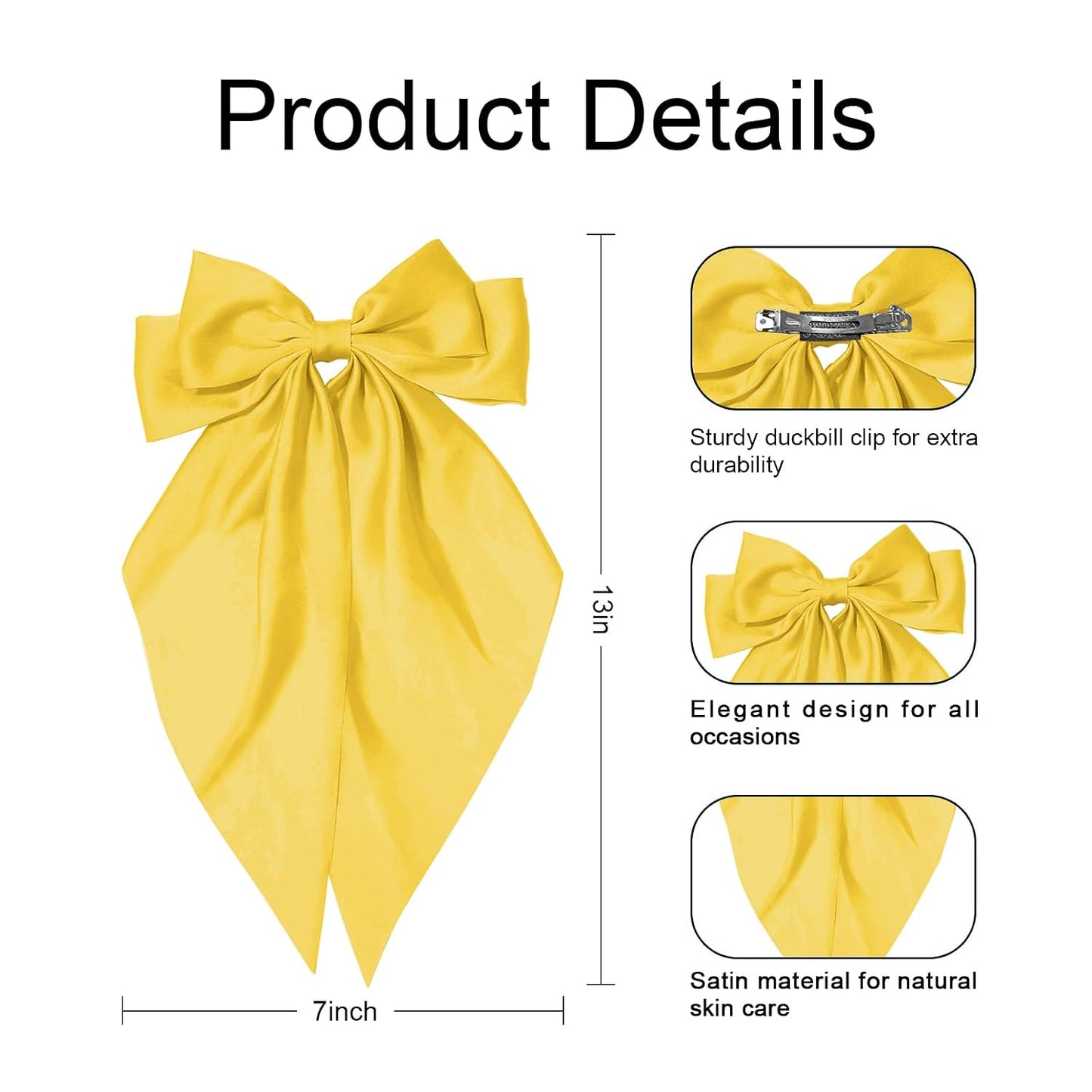 Big Hair Bows for Women Yellow Bows for Girls Hair Long Silk Satin Bows Yellow Accessories with Long Ribbon Tail Big French