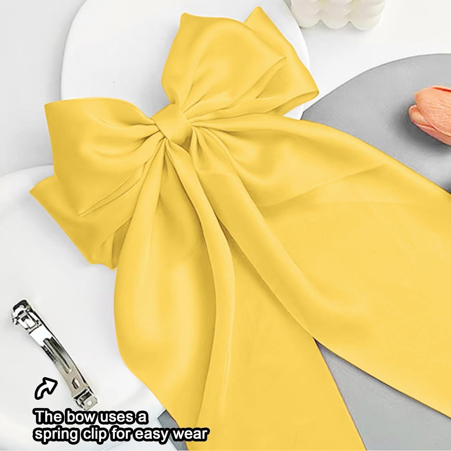 Big Hair Bows for Women Yellow Bows for Girls Hair Long Silk Satin Bows Yellow Accessories with Long Ribbon Tail Big French