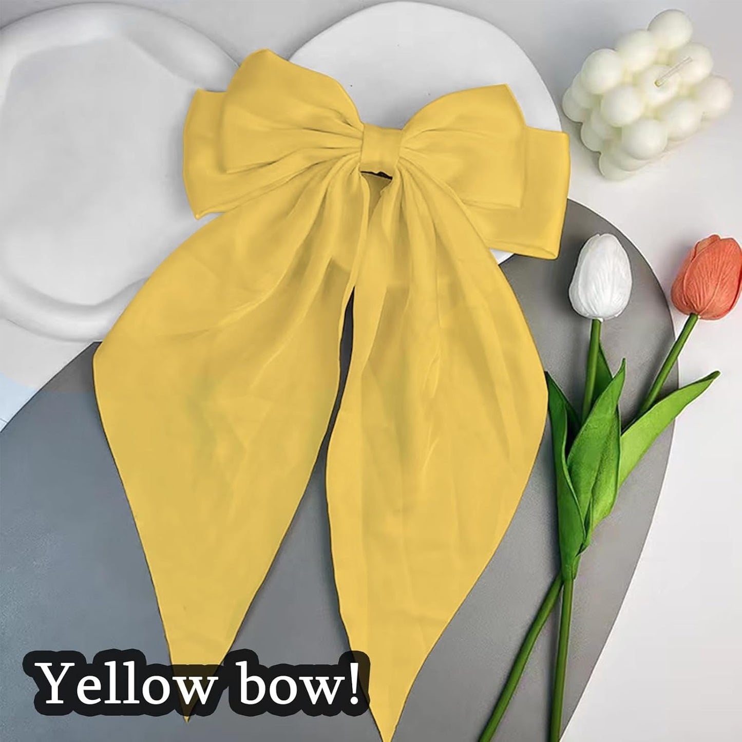 Big Hair Bows for Women Yellow Bows for Girls Hair Long Silk Satin Bows Yellow Accessories with Long Ribbon Tail Big French