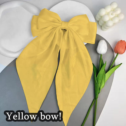 Big Hair Bows for Women Yellow Bows for Girls Hair Long Silk Satin Bows Yellow Accessories with Long Ribbon Tail Big French