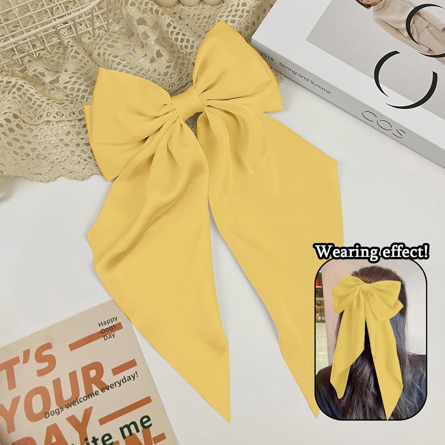 Big Hair Bows for Women Yellow Bows for Girls Hair Long Silk Satin Bows Yellow Accessories with Long Ribbon Tail Big French