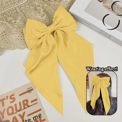 Big Hair Bows for Women Yellow Bows for Girls Hair Long Silk Satin Bows Yellow Accessories with Long Ribbon Tail Big French