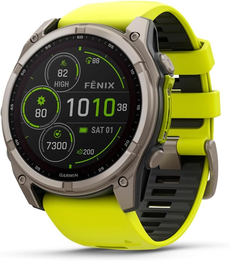 fēnix® 8 Solar, Sapphire, 51mm, Titanium, Amp Yellow/Graphite | Larger-Sized Premium Multisport Smartwatch, Solar Charging, GPS, Built-In Flashlight, Dive-Rated, Built-In Speakers & Mic