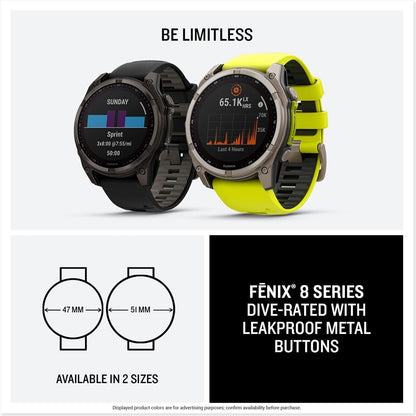 fēnix® 8 Solar, Sapphire, 51mm, Titanium, Amp Yellow/Graphite | Larger-Sized Premium Multisport Smartwatch, Solar Charging, GPS, Built-In Flashlight, Dive-Rated, Built-In Speakers & Mic