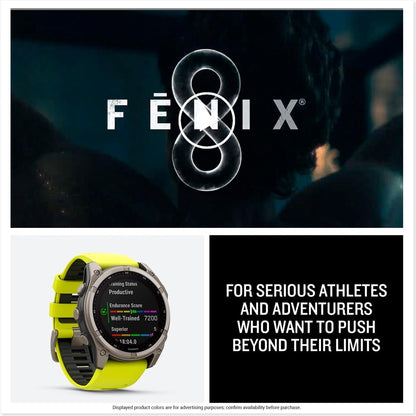 fēnix® 8 Solar, Sapphire, 51mm, Titanium, Amp Yellow/Graphite | Larger-Sized Premium Multisport Smartwatch, Solar Charging, GPS, Built-In Flashlight, Dive-Rated, Built-In Speakers & Mic