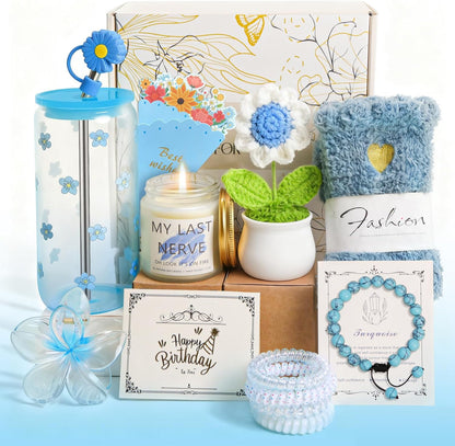 Birthday Gifts for Women Teen Girls, Unique Happy Graduation Gift Baskets for Her, Thank You Teacher Self Care Get Well Present Set, 14pcs Cute Daisy Box for Friend SisterGirlfriend Coworker(Yellow)