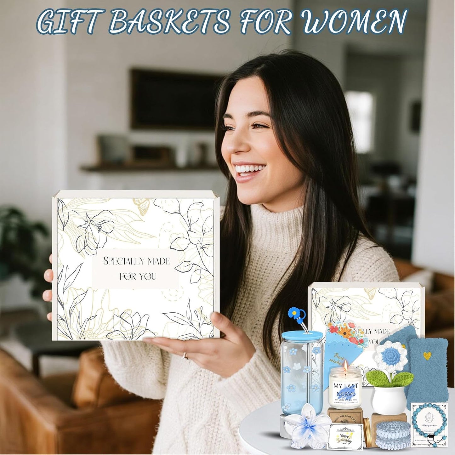 Birthday Gifts for Women Teen Girls, Unique Happy Graduation Gift Baskets for Her, Thank You Teacher Self Care Get Well Present Set, 14pcs Cute Daisy Box for Friend SisterGirlfriend Coworker(Yellow)