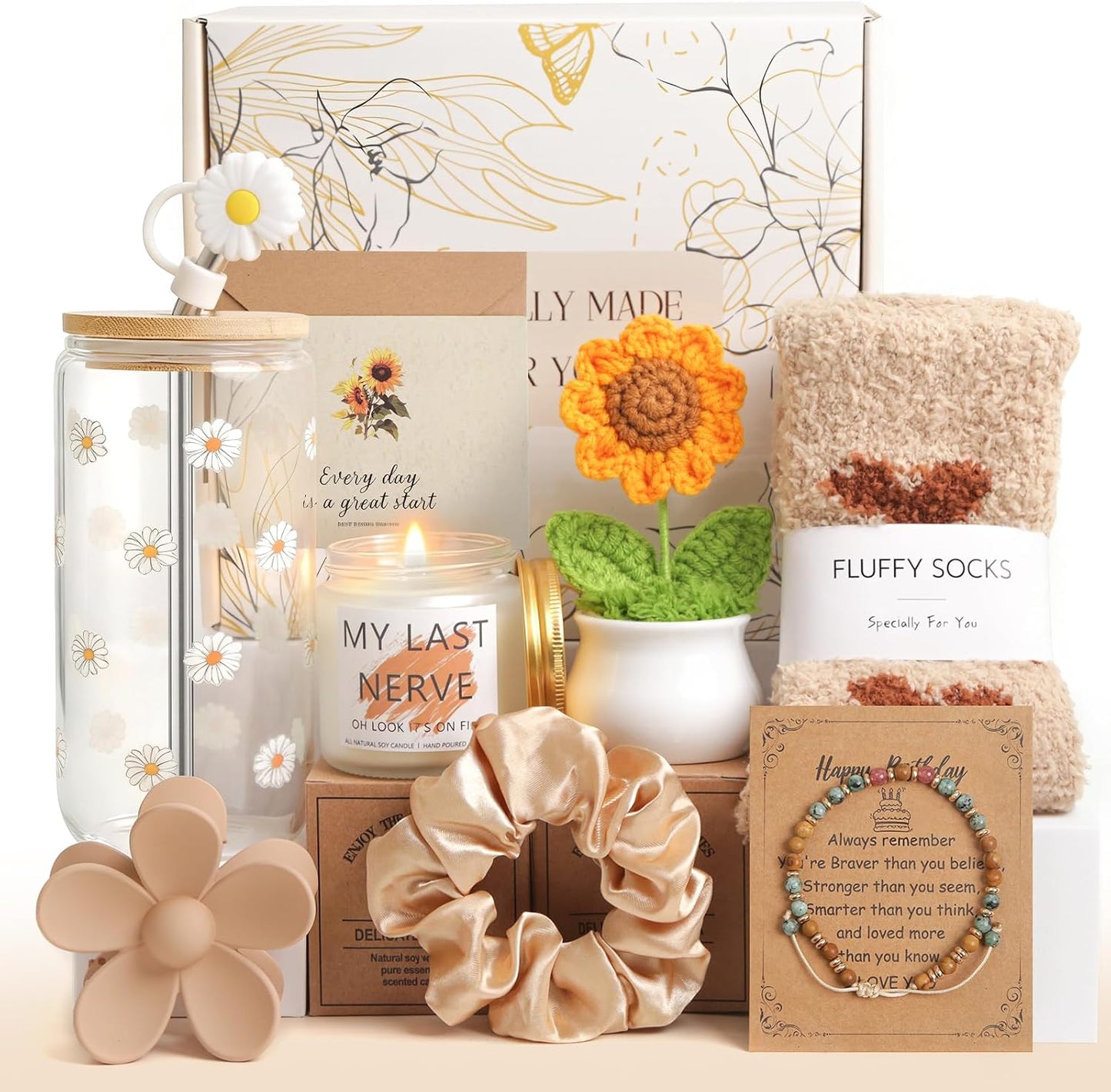 Birthday Gifts for Women Teen Girls, Unique Happy Graduation Gift Baskets for Her, Thank You Teacher Self Care Get Well Present Set, 14pcs Cute Daisy Box for Friend SisterGirlfriend Coworker(Yellow)