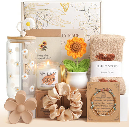 Birthday Gifts for Women Teen Girls, Unique Happy Graduation Gift Baskets for Her, Thank You Teacher Self Care Get Well Present Set, 14pcs Cute Daisy Box for Friend SisterGirlfriend Coworker(Yellow)