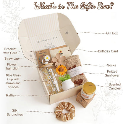 Birthday Gifts for Women Teen Girls, Unique Happy Graduation Gift Baskets for Her, Thank You Teacher Self Care Get Well Present Set, 14pcs Cute Daisy Box for Friend SisterGirlfriend Coworker(Yellow)