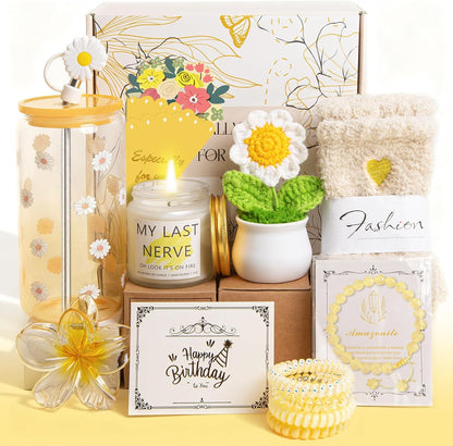 Birthday Gifts for Women Teen Girls, Unique Happy Graduation Gift Baskets for Her, Thank You Teacher Self Care Get Well Present Set, 14pcs Cute Daisy Box for Friend SisterGirlfriend Coworker(Yellow)