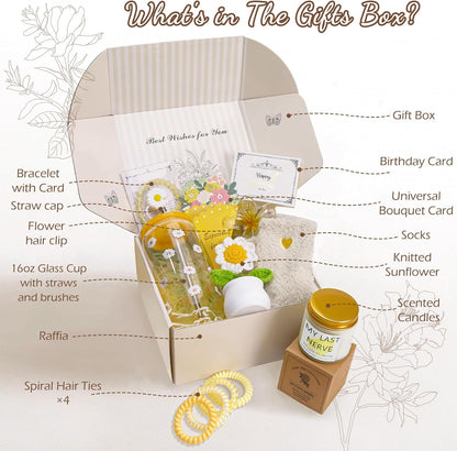 Birthday Gifts for Women Teen Girls, Unique Happy Graduation Gift Baskets for Her, Thank You Teacher Self Care Get Well Present Set, 14pcs Cute Daisy Box for Friend SisterGirlfriend Coworker(Yellow)