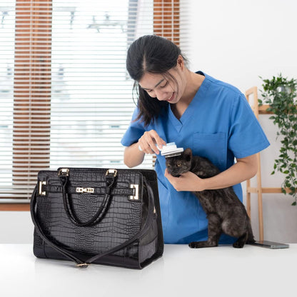 Fashion Pet Carrier Dog Cat Carrier Purse Soft-Sided Leather Handbag Pet Tote Bag for Small Dogs Puppy and Cats TSA Airline Approved (Beige)