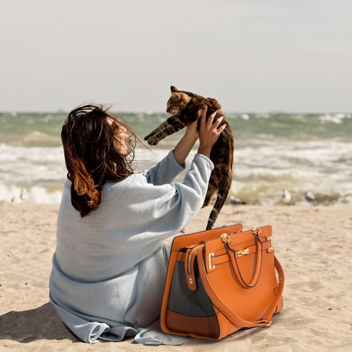 Fashion Pet Carrier Dog Cat Carrier Purse Soft-Sided Leather Handbag Pet Tote Bag for Small Dogs Puppy and Cats TSA Airline Approved (Beige)