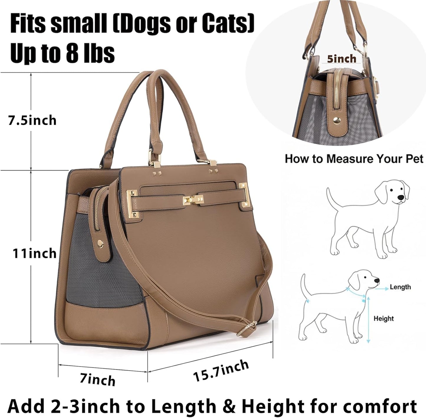 Fashion Pet Carrier Dog Cat Carrier Purse Soft-Sided Leather Handbag Pet Tote Bag for Small Dogs Puppy and Cats TSA Airline Approved (Beige)