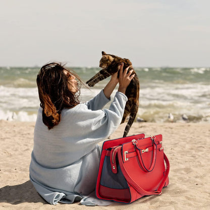 Fashion Pet Carrier Dog Cat Carrier Purse Soft-Sided Leather Handbag Pet Tote Bag for Small Dogs Puppy and Cats TSA Airline Approved (Beige)