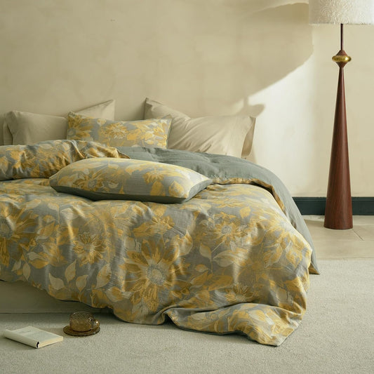 Muslin Duvet Cover Set Queen Size, 100% Washed Cotton 3 Pieces Yarn-Dyed Vintage Yellow Floral Jacquard Textured Bedding, Soft & Breathable Gauze Comforter Cover with Zipper Closure