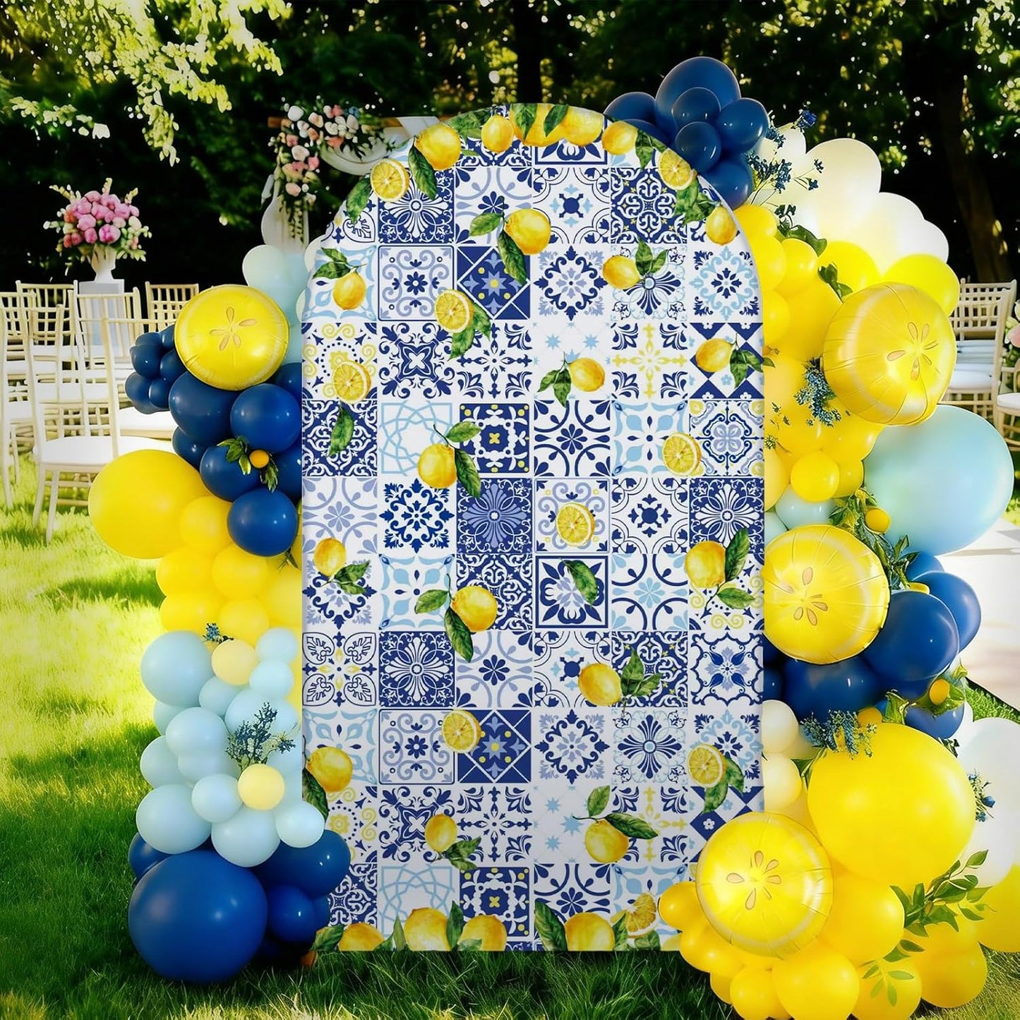 Blue Tiles Lemon Decor 7.2ft Amalfi Coast Lemon Arch Cover Spring Summer Birthday Party Decorations Spandex Fitted Arch Stand Covers Round Top Blue Yellow Decor for Wedding Bridal Shower