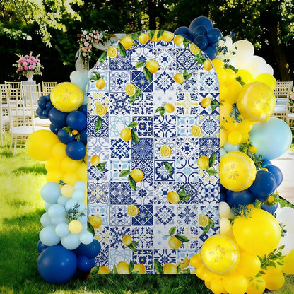 Blue Tiles Lemon Decor 7.2ft Amalfi Coast Lemon Arch Cover Spring Summer Birthday Party Decorations Spandex Fitted Arch Stand Covers Round Top Blue Yellow Decor for Wedding Bridal Shower