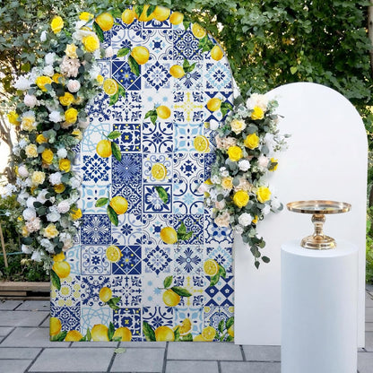 Blue Tiles Lemon Decor 7.2ft Amalfi Coast Lemon Arch Cover Spring Summer Birthday Party Decorations Spandex Fitted Arch Stand Covers Round Top Blue Yellow Decor for Wedding Bridal Shower
