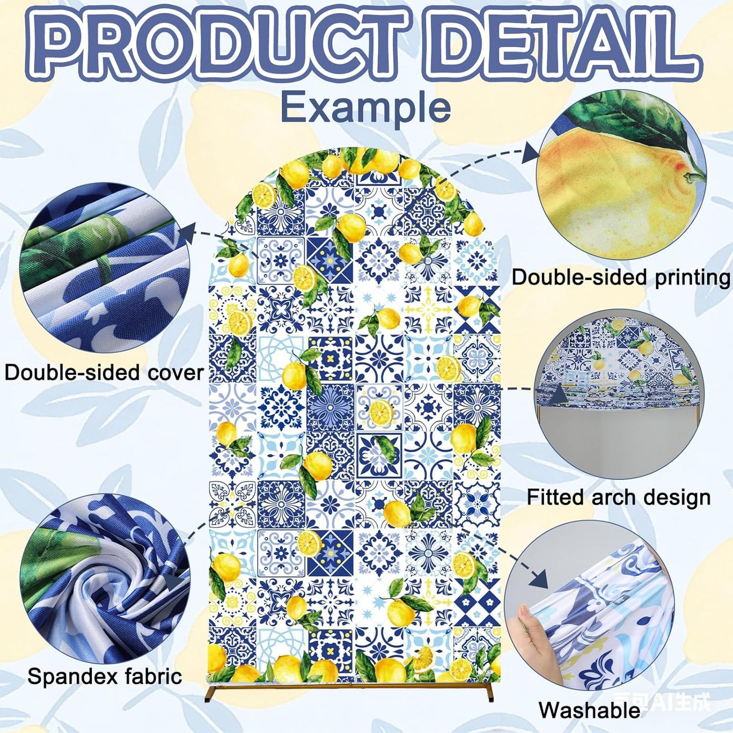 Blue Tiles Lemon Decor 7.2ft Amalfi Coast Lemon Arch Cover Spring Summer Birthday Party Decorations Spandex Fitted Arch Stand Covers Round Top Blue Yellow Decor for Wedding Bridal Shower