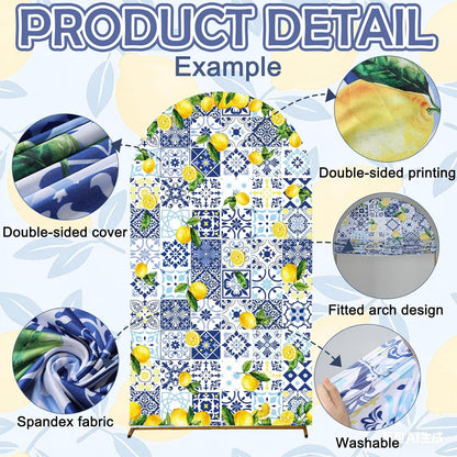Blue Tiles Lemon Decor 7.2ft Amalfi Coast Lemon Arch Cover Spring Summer Birthday Party Decorations Spandex Fitted Arch Stand Covers Round Top Blue Yellow Decor for Wedding Bridal Shower