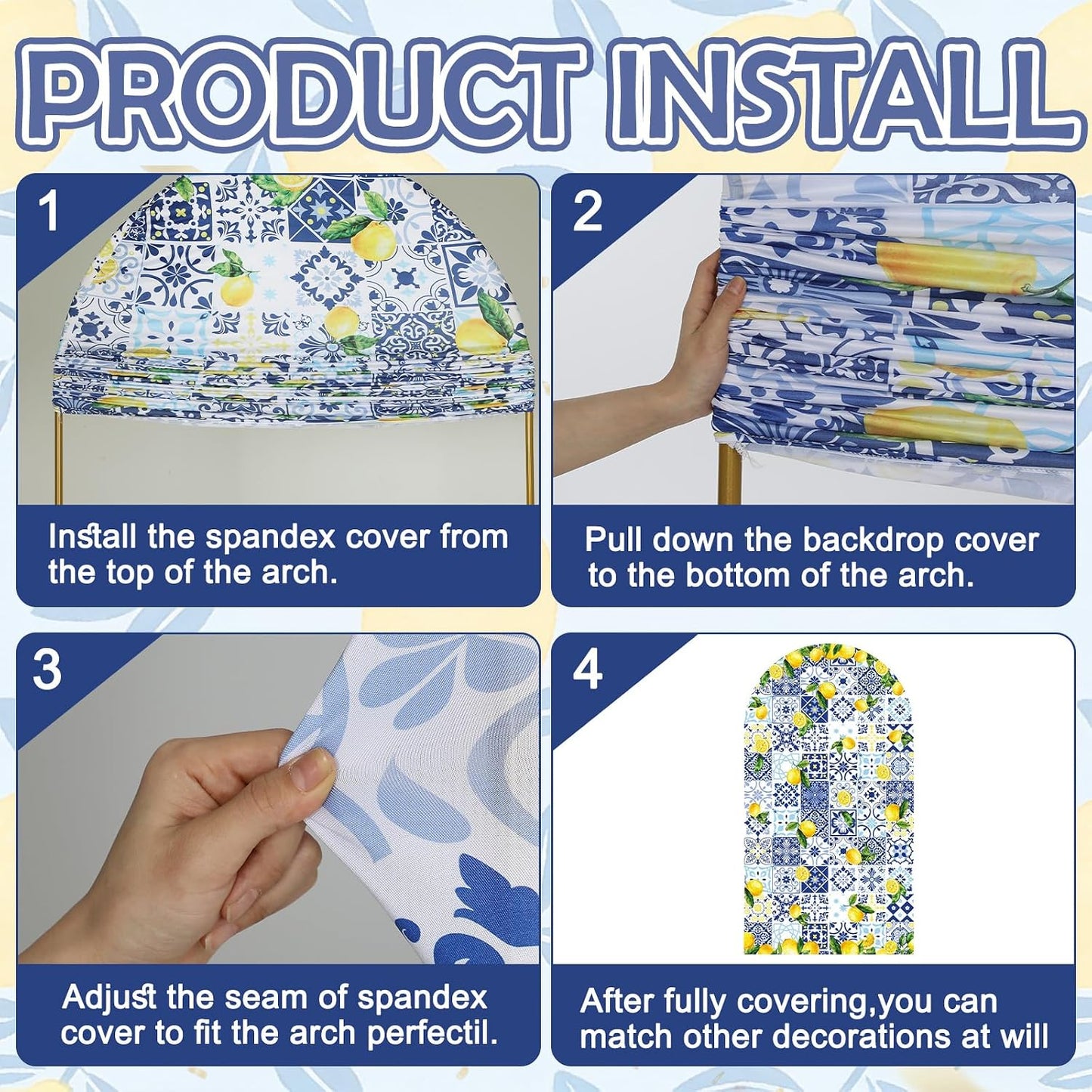 Blue Tiles Lemon Decor 7.2ft Amalfi Coast Lemon Arch Cover Spring Summer Birthday Party Decorations Spandex Fitted Arch Stand Covers Round Top Blue Yellow Decor for Wedding Bridal Shower