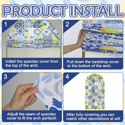 Blue Tiles Lemon Decor 7.2ft Amalfi Coast Lemon Arch Cover Spring Summer Birthday Party Decorations Spandex Fitted Arch Stand Covers Round Top Blue Yellow Decor for Wedding Bridal Shower