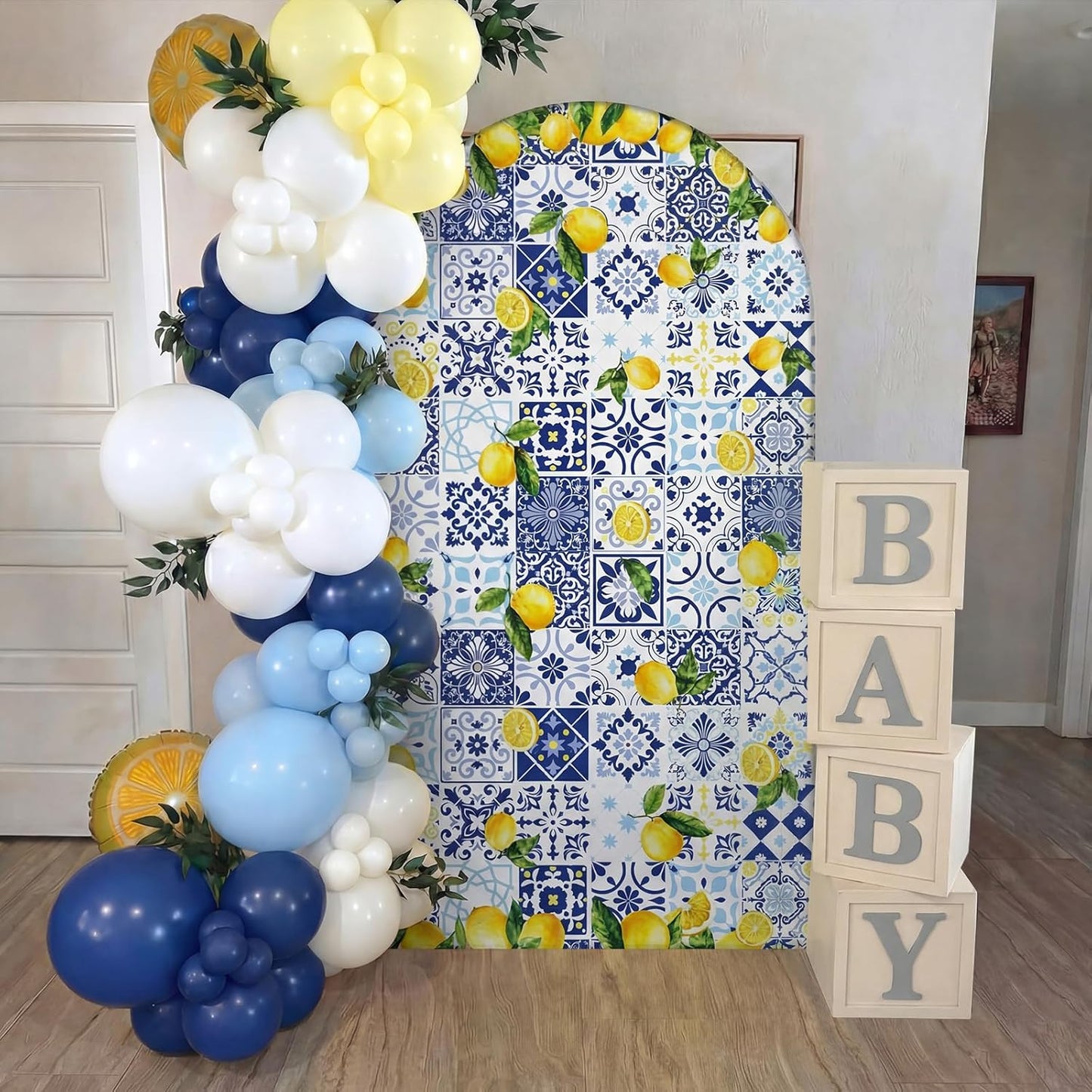Blue Tiles Lemon Decor 7.2ft Amalfi Coast Lemon Arch Cover Spring Summer Birthday Party Decorations Spandex Fitted Arch Stand Covers Round Top Blue Yellow Decor for Wedding Bridal Shower