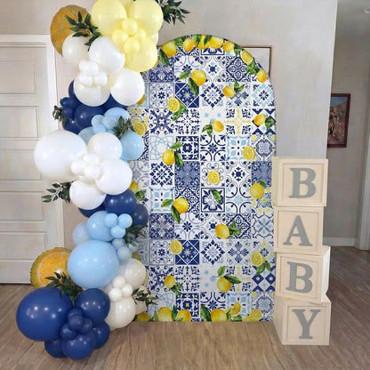 Blue Tiles Lemon Decor 7.2ft Amalfi Coast Lemon Arch Cover Spring Summer Birthday Party Decorations Spandex Fitted Arch Stand Covers Round Top Blue Yellow Decor for Wedding Bridal Shower