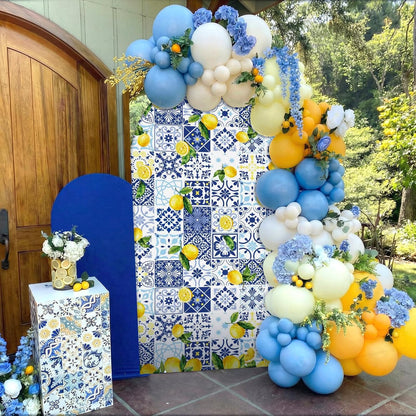 Blue Tiles Lemon Decor 7.2ft Amalfi Coast Lemon Arch Cover Spring Summer Birthday Party Decorations Spandex Fitted Arch Stand Covers Round Top Blue Yellow Decor for Wedding Bridal Shower