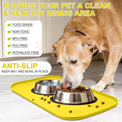 Waterproof Silicone Pet Food Mat with Raised Edge for Dog & Cat | 19" x 12" Non-Slip Pet Feeding Mats with Lip for Food & Water Bowl, Food Grade, Easy Cleaning, Light Yellow