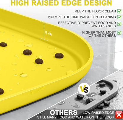 Waterproof Silicone Pet Food Mat with Raised Edge for Dog & Cat | 19" x 12" Non-Slip Pet Feeding Mats with Lip for Food & Water Bowl, Food Grade, Easy Cleaning, Light Yellow