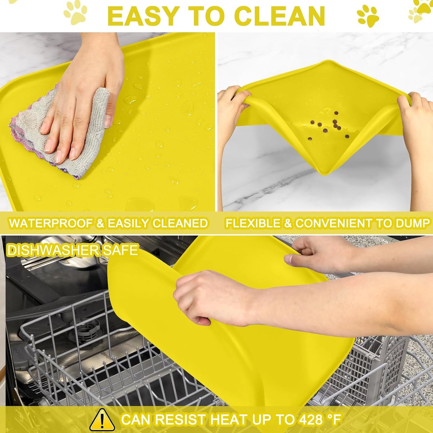 Waterproof Silicone Pet Food Mat with Raised Edge for Dog & Cat | 19" x 12" Non-Slip Pet Feeding Mats with Lip for Food & Water Bowl, Food Grade, Easy Cleaning, Light Yellow