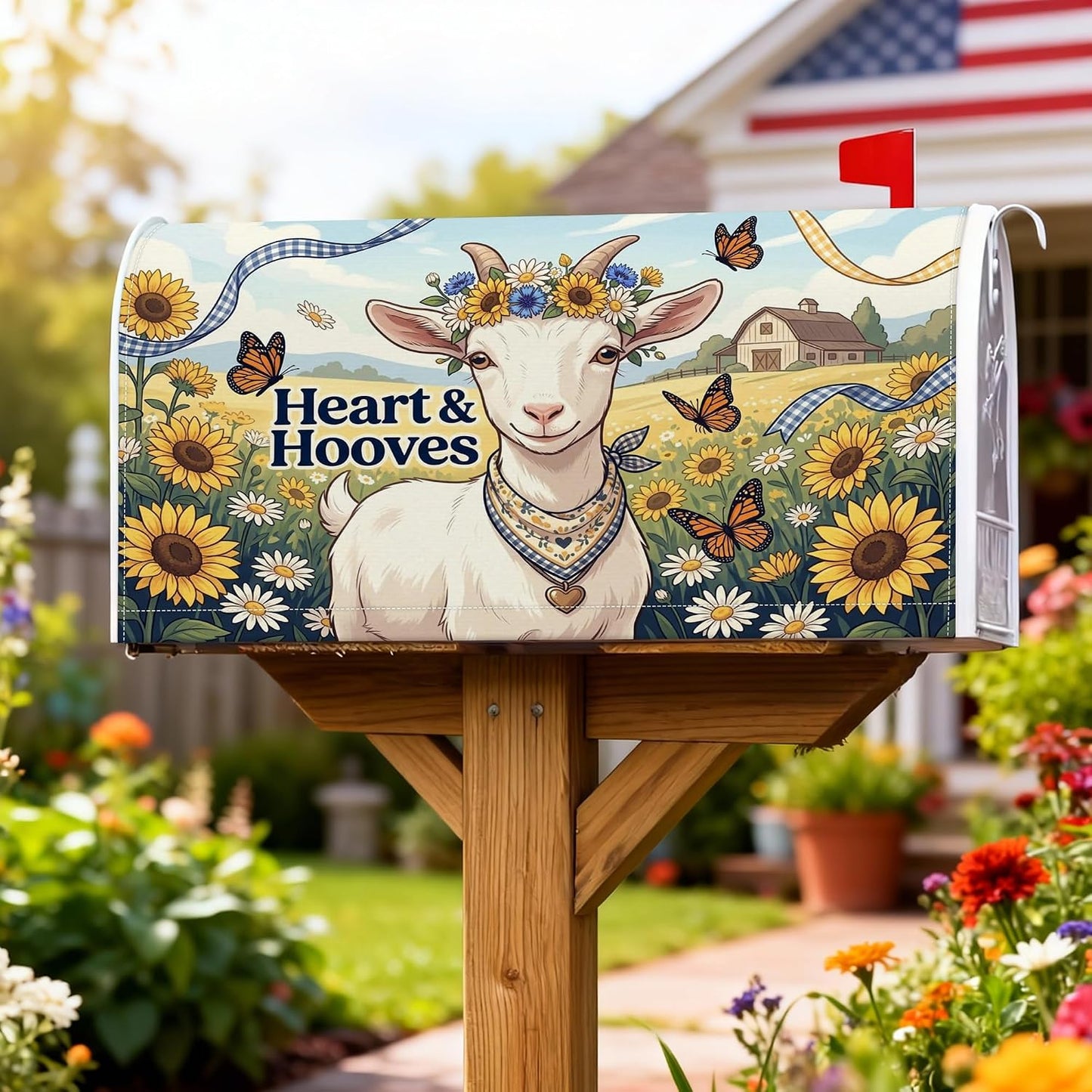 Goat Magnetic Mailbox Covers, Rustic Farmhouse Sunflower Butterfly Summer Yellow Mailbox Post Protector for Outside Yard Decor 18x21 Inch