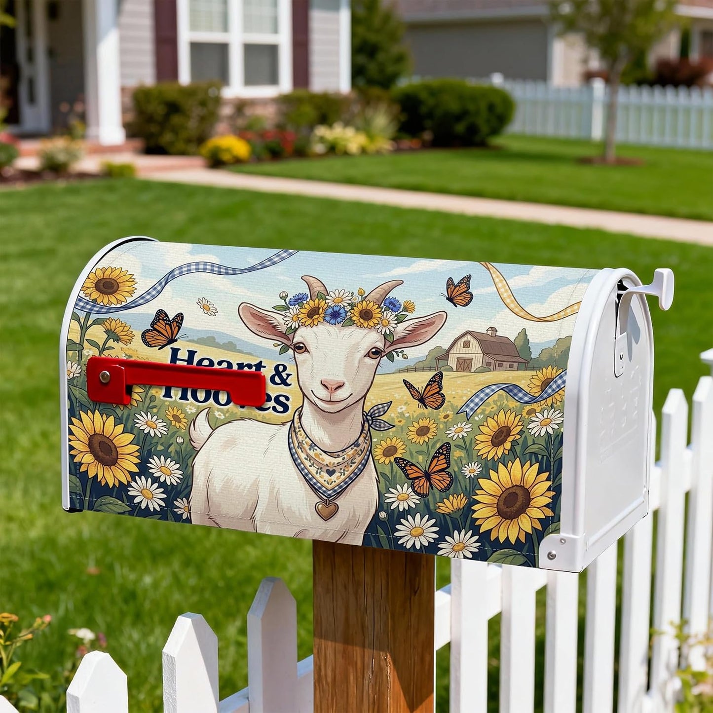 Goat Magnetic Mailbox Covers, Rustic Farmhouse Sunflower Butterfly Summer Yellow Mailbox Post Protector for Outside Yard Decor 18x21 Inch