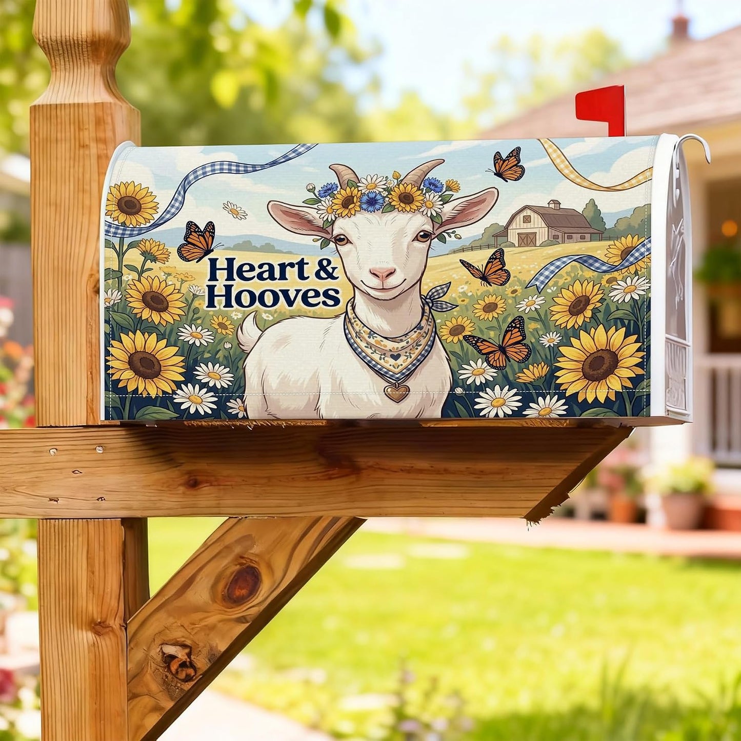 Goat Magnetic Mailbox Covers, Rustic Farmhouse Sunflower Butterfly Summer Yellow Mailbox Post Protector for Outside Yard Decor 18x21 Inch