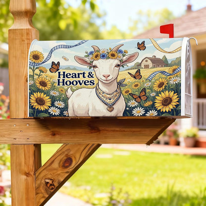 Goat Magnetic Mailbox Covers, Rustic Farmhouse Sunflower Butterfly Summer Yellow Mailbox Post Protector for Outside Yard Decor 18x21 Inch